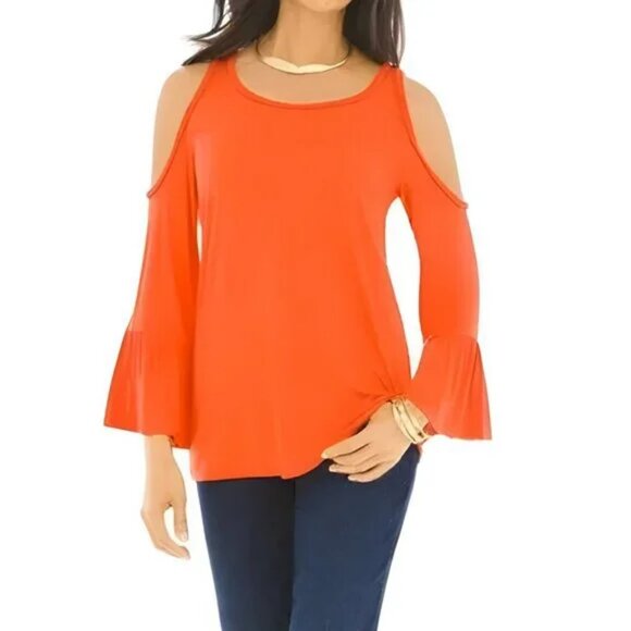 Chicos Orange Cold Shoulder Soft Flowy French Peasant Tunic Blouse Top L 2 US 12 - Picture 1 of 5